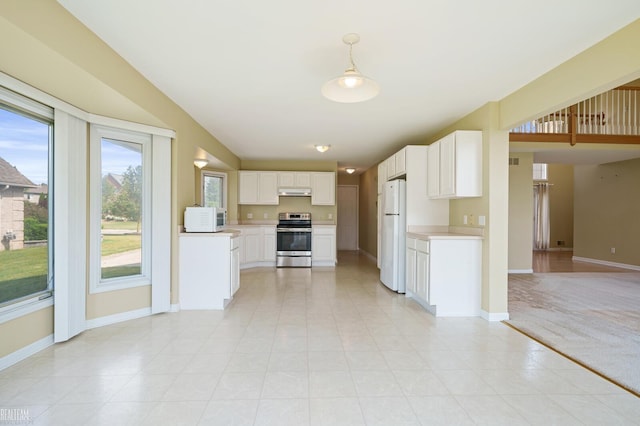 14060 Wayford Run, Shelby Twp, MI 48315 - kitchen featuring white appliances, light countertops, white cabinets, open floor plan, and under cabinet range hood