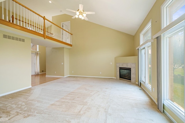 14060 Wayford Run, Shelby Twp, MI 48315 - unfurnished living room with high vaulted ceiling, carpet flooring, a fireplace, healthy amount of natural light, and ceiling fan