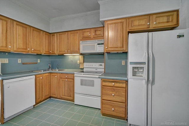 79050 Capac Rd, Armada, MI 48005 - kitchen featuring white appliances, crown molding, tile patterned flooring, and brown cabinetry