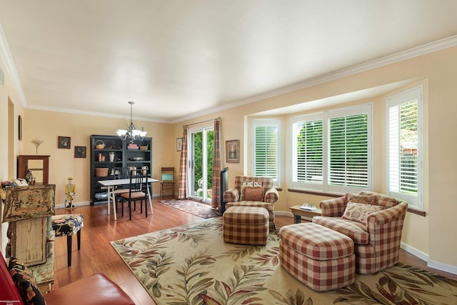 3667 Alderdale Dr, Sterling Heights, MI 48310 - living area with wood finished floors, ornamental molding, and a chandelier