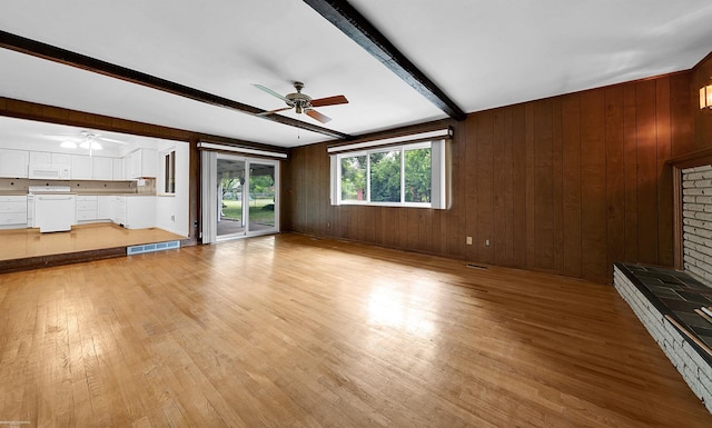 19300 Briarwood St, Clinton Township, MI 48036 - unfurnished living room featuring ceiling fan, light wood-type flooring, beamed ceiling, and wooden walls