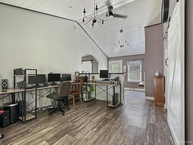 8302 W Burntwood P.15 Dr, Gladstone, MI 49837 - office featuring a chandelier, arched walkways, wood finished floors, wood ceiling, and high vaulted ceiling