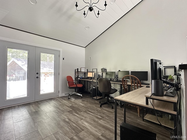 8302 W Burntwood P.15 Dr, Gladstone, MI 49837 - office space with french doors, a chandelier, and high vaulted ceiling