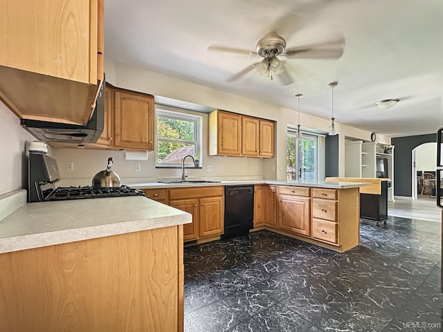 8302 W Burntwood P.15 Dr, Gladstone, MI 49837 - kitchen with dishwasher, a peninsula, range with gas stovetop, a ceiling fan, and light countertops
