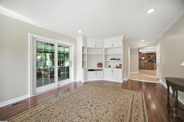 5350 Fieldcrest Dr, Shelby Twp, MI 48316 - hall featuring dark wood finished floors, crown molding, and recessed lighting