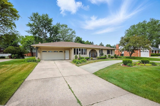 5350 Fieldcrest Dr, Shelby Twp, MI 48316 - ranch-style house with an attached garage, driveway, a front yard, and brick siding