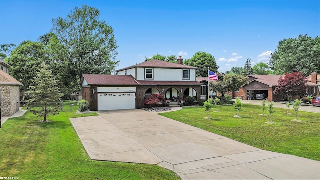 46329 Community Center Dr, Chesterfield Twp, MI 48047 - traditional-style home with concrete driveway, a garage, a front lawn, and covered porch