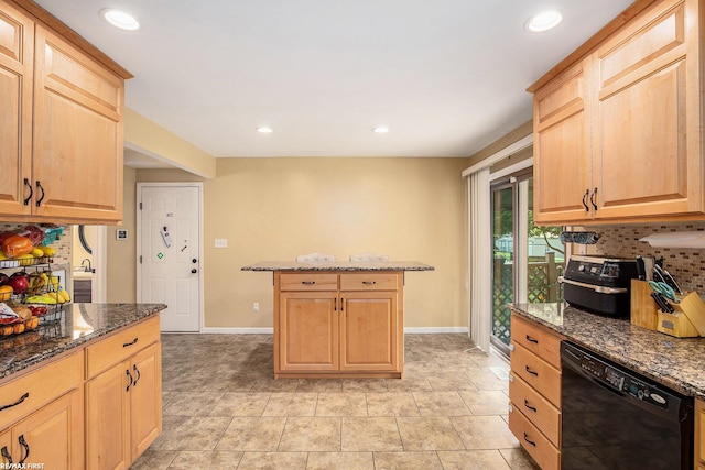 46329 Community Center Dr, Chesterfield Twp, MI 48047 - kitchen featuring dishwasher, light brown cabinets, dark stone counters, backsplash, and recessed lighting