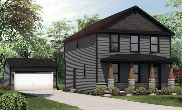 1718 W 12 Mile Rd, Royal Oak, MI 48073 - view of front facade featuring an outdoor structure, covered porch, a shingled roof, a garage, and stone siding