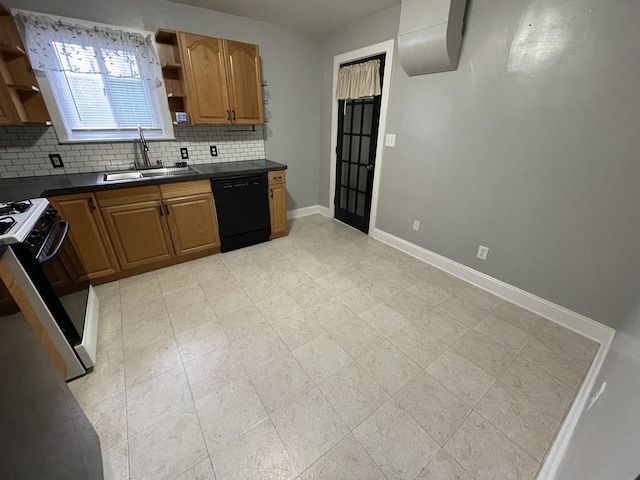 3366 L And L Ct, Bay City, MI 48706 - kitchen featuring dishwasher, open shelves, gas stove, and dark countertops
