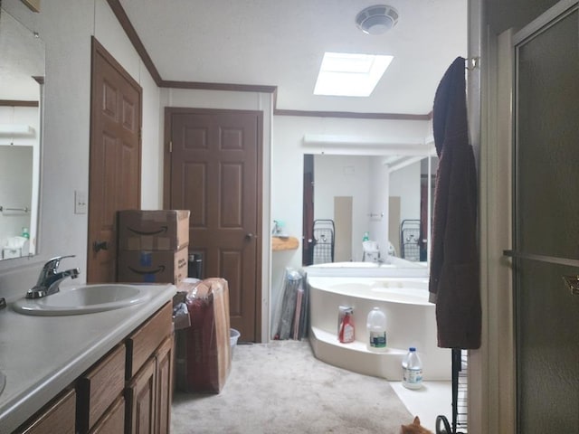 811 N Old State Ave, Harrison, MI 48625 - full bathroom featuring a skylight, double vanity, a shower with shower door, and crown molding