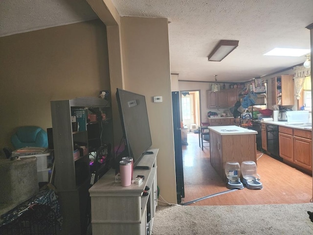 811 N Old State Ave, Harrison, MI 48625 - kitchen featuring dishwasher, a textured ceiling, a kitchen island, light wood-style floors, and light countertops
