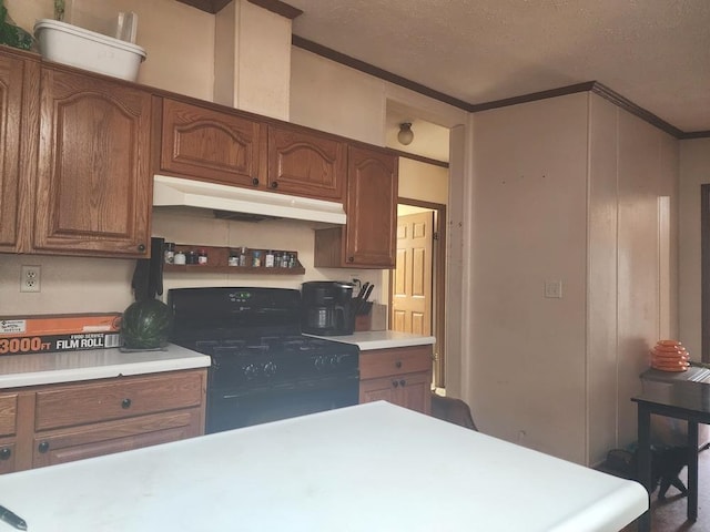 811 N Old State Ave, Harrison, MI 48625 - kitchen with under cabinet range hood, black range with gas stovetop, light countertops, crown molding, and a textured ceiling