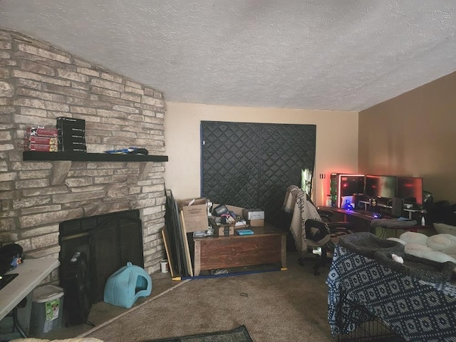 811 N Old State Ave, Harrison, MI 48625 - bedroom with a textured ceiling, carpet, and a fireplace