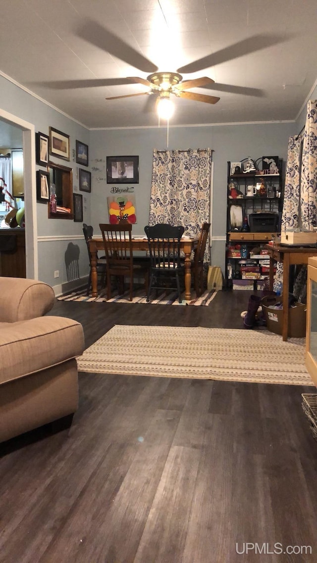 309 Fir St, Munising, MI 49862 - living room featuring ceiling fan, wood finished floors, and ornamental molding