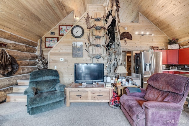 14038 24.5 Ln, Rapid River, MI 49878 - carpeted living room featuring wood ceiling, wooden walls, and high vaulted ceiling