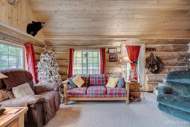 14038 24.5 Ln, Rapid River, MI 49878 - carpeted living area with rustic walls, wooden ceiling, and vaulted ceiling