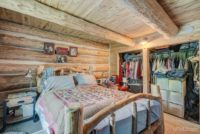 14038 24.5 Ln, Rapid River, MI 49878 - bedroom featuring a wood ceiling with exposed beams and log walls