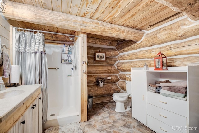 14038 24.5 Ln, Rapid River, MI 49878 - bathroom with rustic walls, a wooden ceiling with exposed beams, a shower stall, vanity, and stone finish flooring