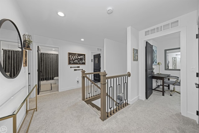 54877 Camden Ct, Shelby Twp, MI 48316 - hallway with an upstairs landing, carpet, recessed lighting, and an office area