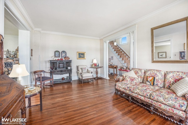 1520 S Channel Dr, Harsens Island, MI 48028 - living room featuring stairway, wood finished floors, and ornamental molding
