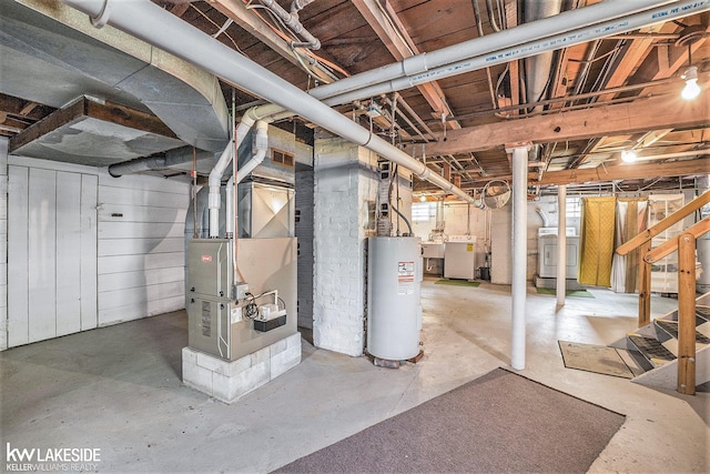 1520 S Channel Dr, Harsens Island, MI 48028 - basement featuring water heater, heating unit, and washer / clothes dryer