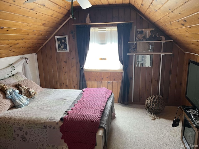 754 Duncan Ave, Ishpeming, MI 49849 - bedroom featuring vaulted ceiling, carpet, wood walls, wooden ceiling, and ceiling fan