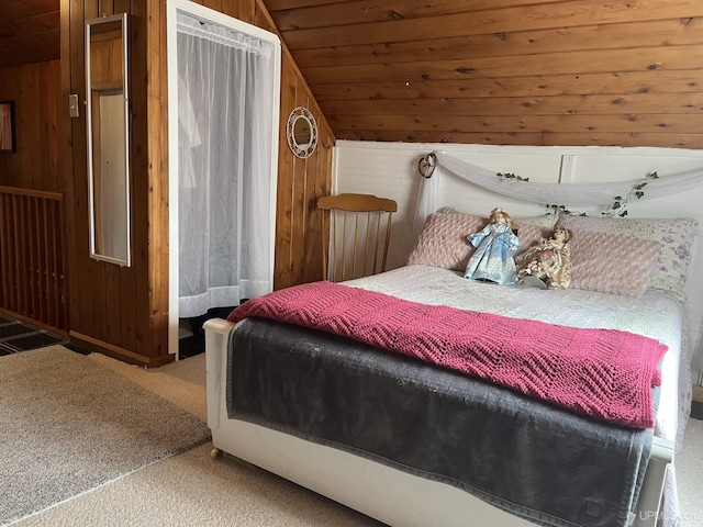 754 Duncan Ave, Ishpeming, MI 49849 - carpeted bedroom with wood walls, lofted ceiling, and wooden ceiling