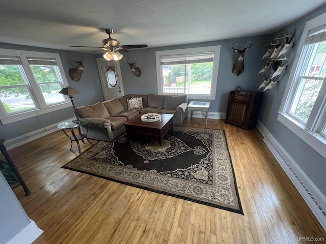 206 Cherry St, Munising, MI 49862 - living area featuring wood-type flooring, baseboard heating, and ceiling fan
