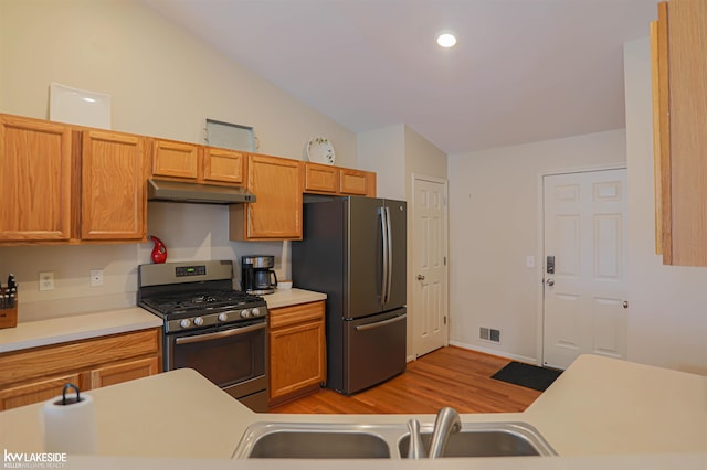 56798 Winding Creek Dr, Macomb, MI 48042 - kitchen featuring stainless steel appliances, under cabinet range hood, light wood-style flooring, light countertops, and recessed lighting