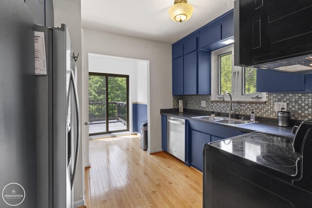 35727 Elm St, Wayne, MI 48184 - kitchen featuring blue cabinetry, appliances with stainless steel finishes, and dark countertops