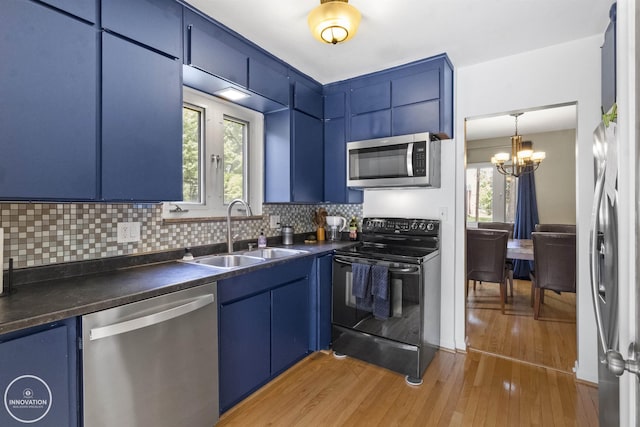 35727 Elm St, Wayne, MI 48184 - kitchen featuring stainless steel appliances, blue cabinetry, dark countertops, light wood-style flooring, and decorative backsplash
