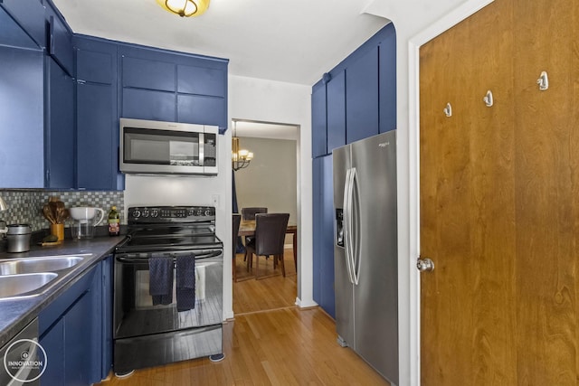 35727 Elm St, Wayne, MI 48184 - kitchen featuring stainless steel appliances, blue cabinets, dark countertops, and light wood finished floors