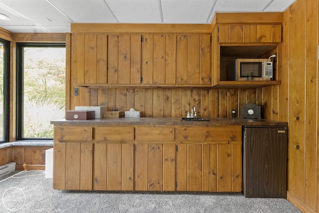 35727 Elm St, Wayne, MI 48184 - kitchen with stainless steel microwave, plenty of natural light, wooden walls, and brown cabinetry