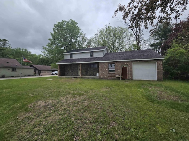 5080 Stroebel Rd, Saginaw, MI 48609 - back of house with an attached garage, brick siding, a lawn, and a chimney