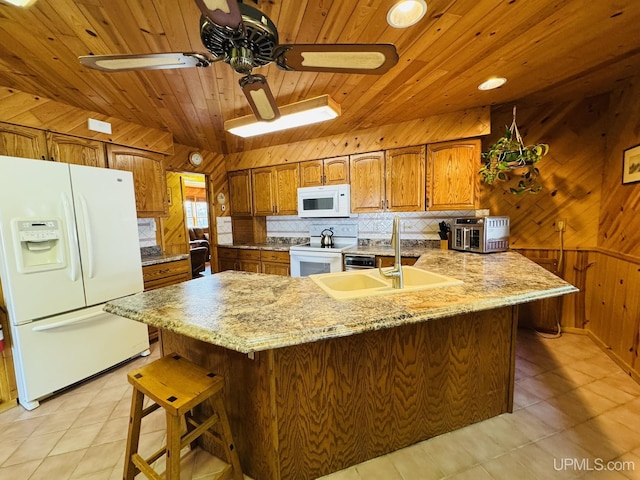 292 Chestnut St, Kingsford, MI 49802 - kitchen featuring white appliances, a peninsula, wood ceiling, wooden walls, and decorative backsplash