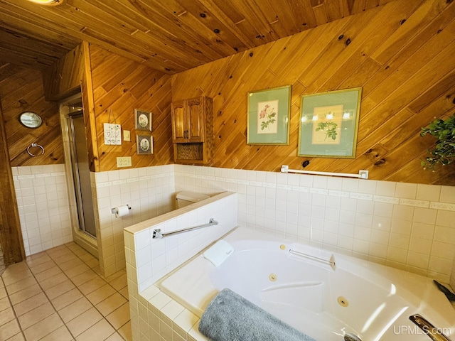 292 Chestnut St, Kingsford, MI 49802 - bathroom with a shower stall, tile patterned floors, a jetted tub, wood ceiling, and tile walls