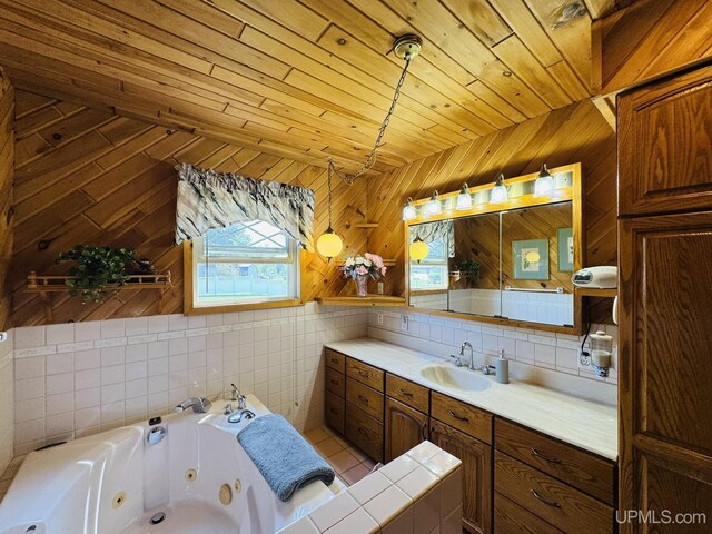 292 Chestnut St, Kingsford, MI 49802 - full bath featuring wooden ceiling, a jetted tub, vanity, backsplash, and tile walls