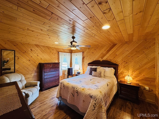 292 Chestnut St, Kingsford, MI 49802 - bedroom featuring wood ceiling, wood finished floors, wood walls, recessed lighting, and ceiling fan