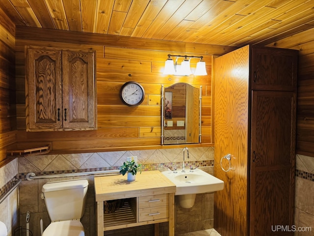 292 Chestnut St, Kingsford, MI 49802 - half bath with wooden ceiling and decorative backsplash