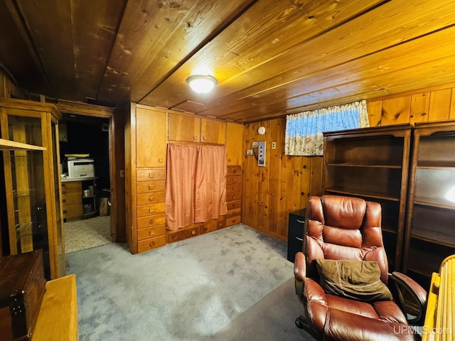 292 Chestnut St, Kingsford, MI 49802 - living area featuring carpet, wood walls, and wooden ceiling