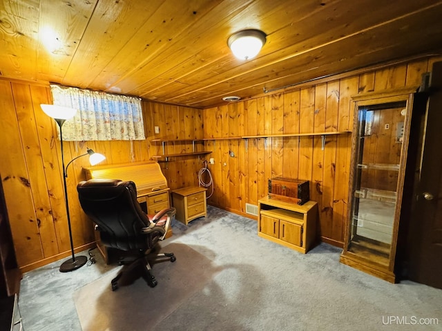 292 Chestnut St, Kingsford, MI 49802 - carpeted home office featuring wooden walls and wood ceiling
