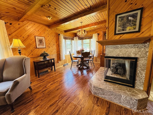 292 Chestnut St, Kingsford, MI 49802 - dining space featuring wood finished floors, a chandelier, wooden walls, a wood ceiling with exposed beams, and a fireplace with raised hearth