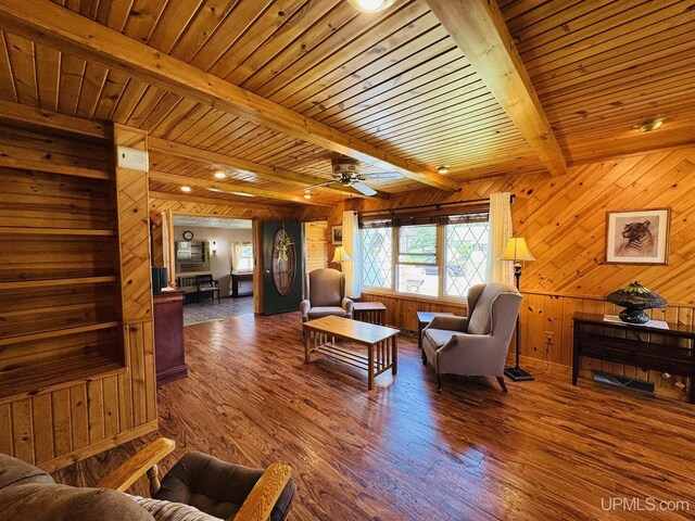 292 Chestnut St, Kingsford, MI 49802 - living area featuring wood finished floors, a wood ceiling with exposed beams, wood walls, and ceiling fan