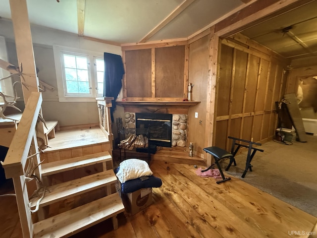 E2903 H44 Rd, Traunik, MI 49891 - basement featuring a stone fireplace and hardwood / wood-style flooring
