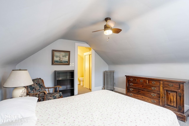 1258-1260 Lakepointe St, Grosse Pointe, MI 48230 - carpeted bedroom with vaulted ceiling, radiator, ceiling fan, and ensuite bath