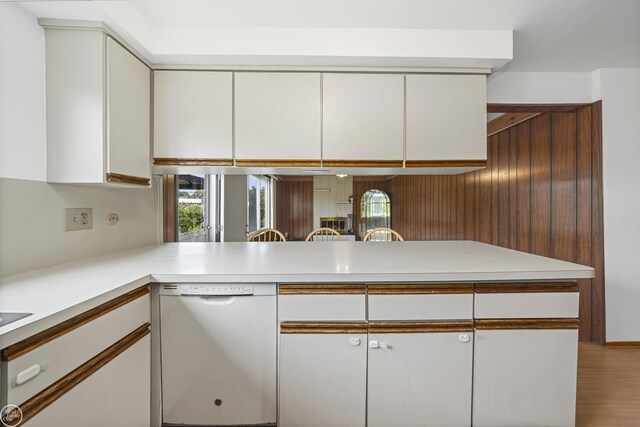 28368 Besmore Dr, Warren, MI 48093 - kitchen featuring white dishwasher, light countertops, white cabinets, and light wood finished floors