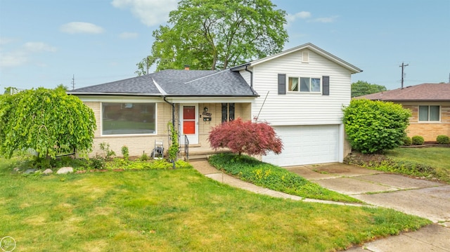 28368 Besmore Dr, Warren, MI 48093 - split level home featuring an attached garage, a shingled roof, a front lawn, driveway, and brick siding