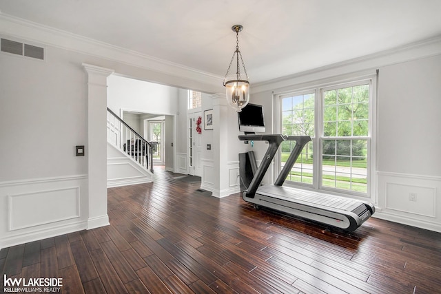 25986 Glenmoor St, Novi, MI 48374 - workout room with a decorative wall, a wainscoted wall, ornamental molding, and dark wood-type flooring