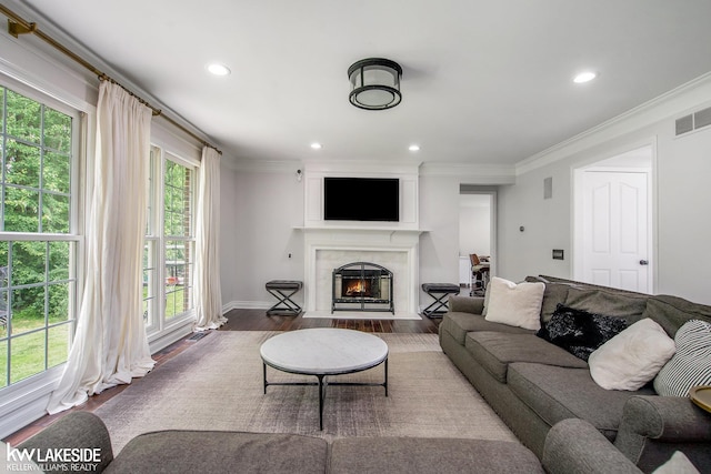25986 Glenmoor St, Novi, MI 48374 - living room with a warm lit fireplace, wood finished floors, recessed lighting, and crown molding